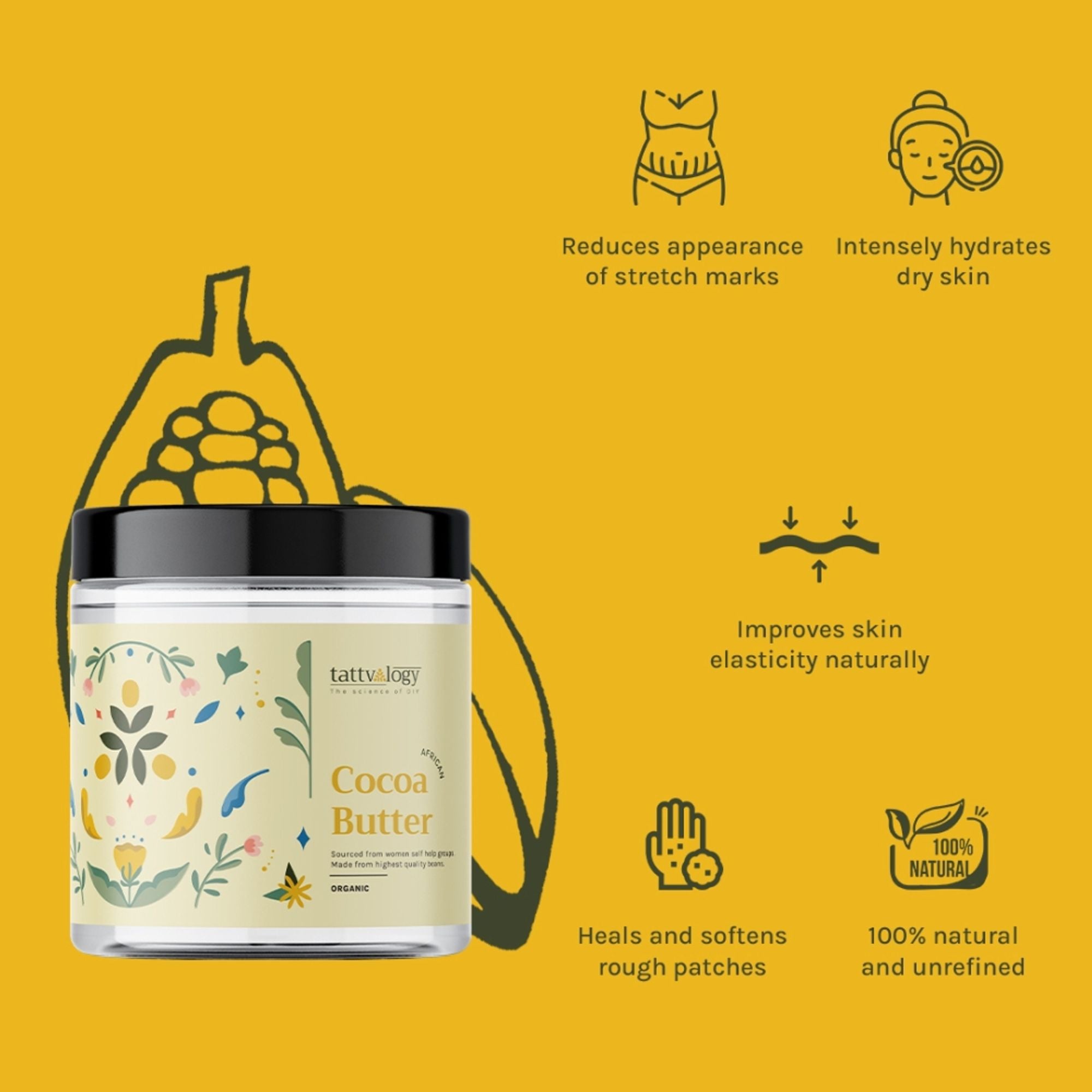 Tattvalogy African Cocoa Butter in Jar Packaging, Raw Unrefined, Body Butter & Moisturizer - Distacart