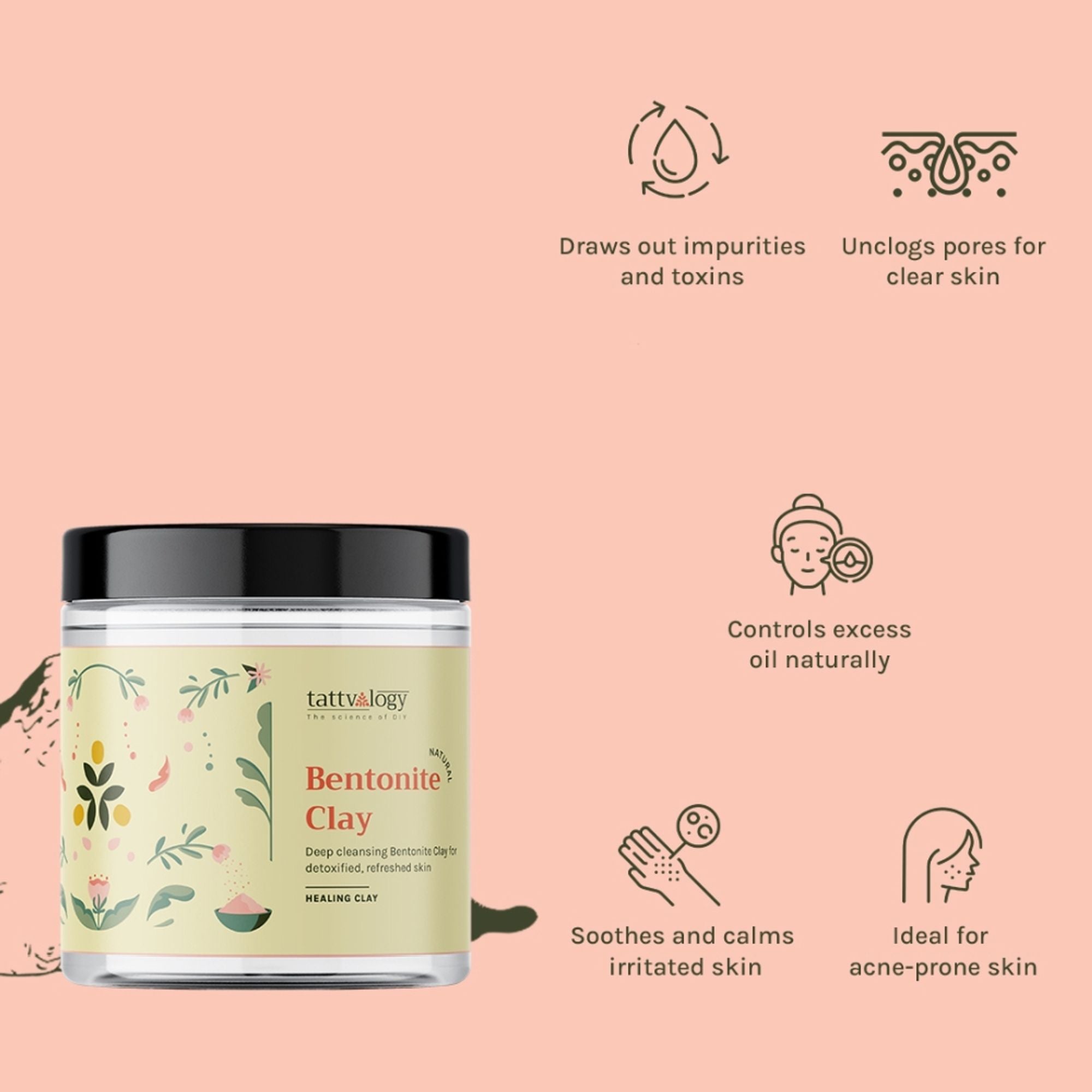 Tattvalogy Indian Bentonite Clay Powder - Detox Mask for Oily Skin, Acne and Deep Pore Cleansing - Distacart