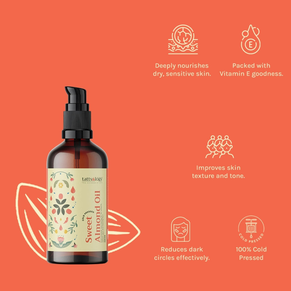 Tattvalogy Sweet Almond Oil - Nourishes Skin, Fades Dark Circles & Uneven Skin tone, Vitamin-E Rich - Distacart
