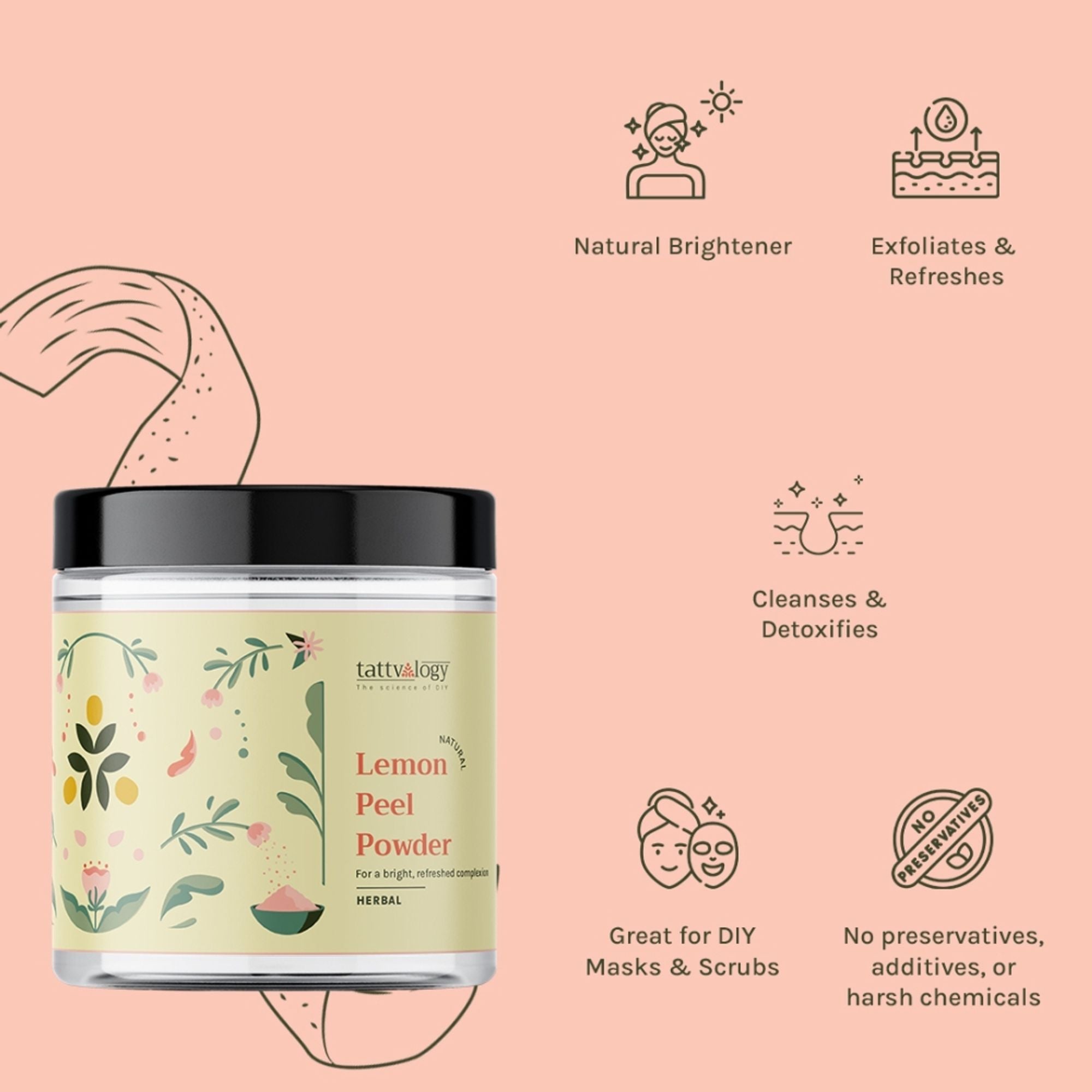 Tattvalogy Lemon Peel Powder - Vitamin-C Rich, Brightens Skin Tone & Reduces Pigmentation Naturally