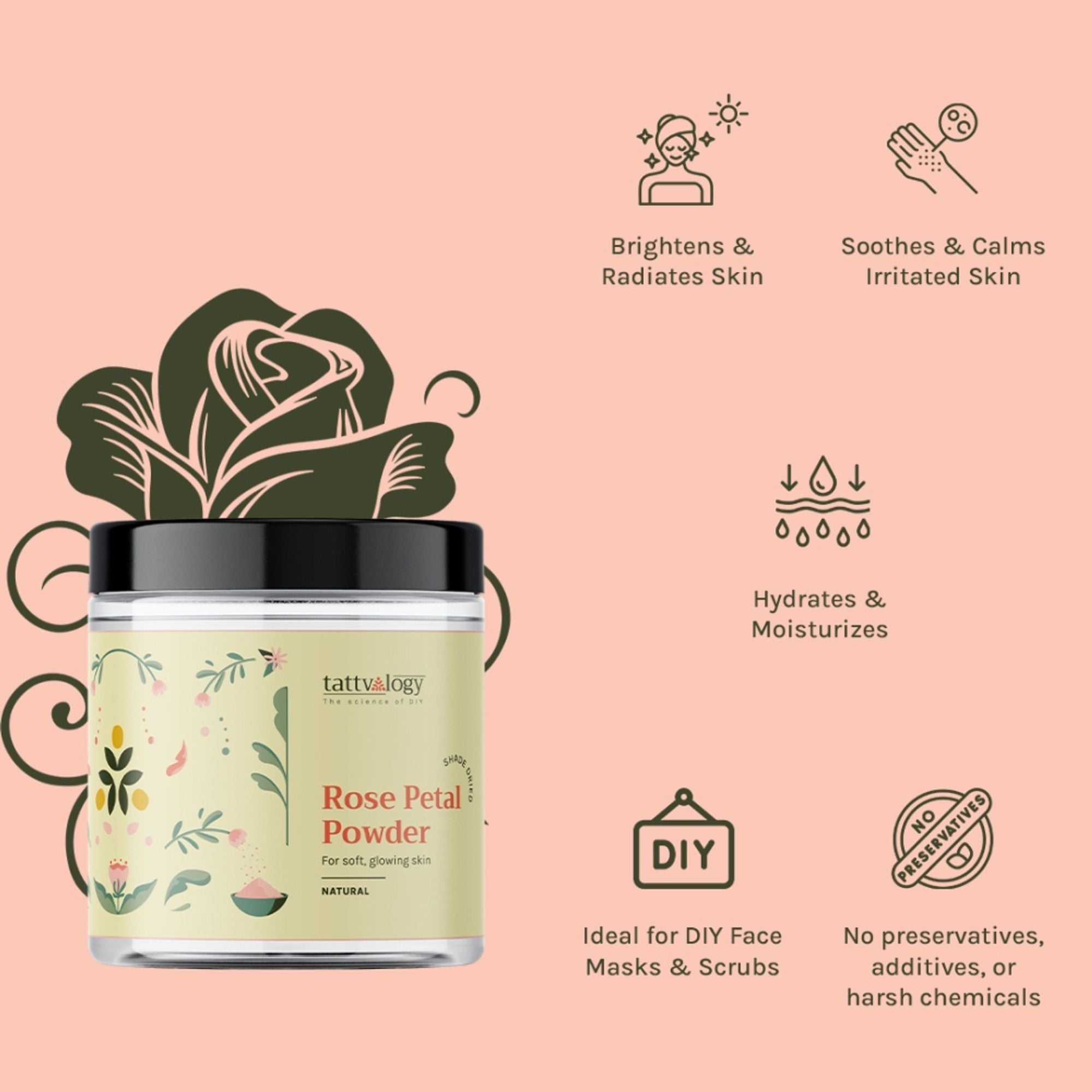 Tattvalogy Rose Petal Powder -Shade Dried, Nutrient -Rich for Radiant Skin & Instant Glow Naturally