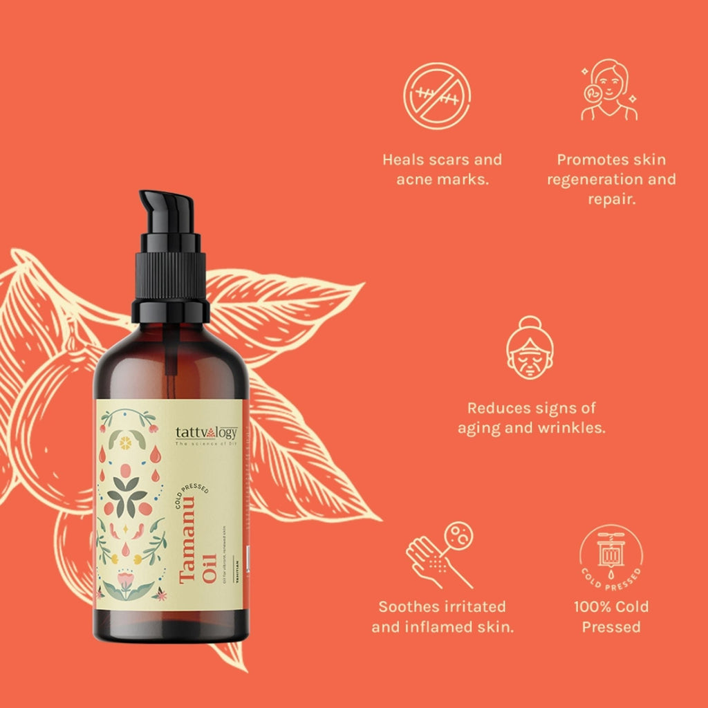 Tattvalogy Tamanu Oil - Cold Pressed, Reduces Scars & Wrinkles, Boosts Collagen, Ideal for Oily Skin - Distacart