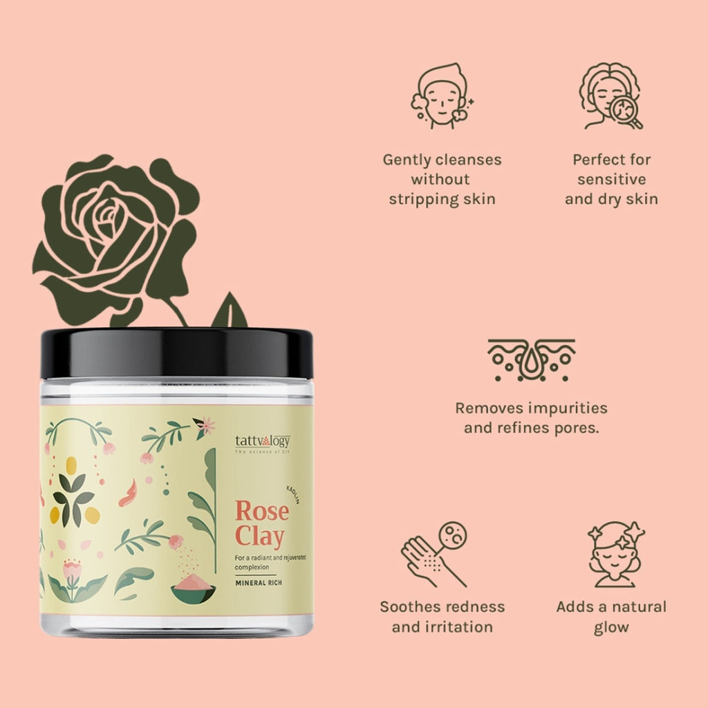 Tattvalogy Rose Clay -Pink Kaolin Clay, Detoxifies, Absorb Excess Oil & Improves Skin Tone & Texture