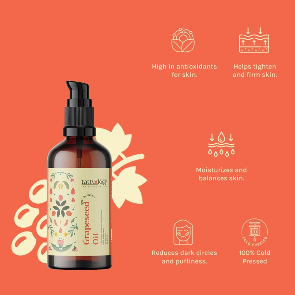 Tattvalogy Organic Grapeseed Oil - Cold Press, Reduces Fine Lines, Boosts Collagen, Evens Skin Tone - Distacart