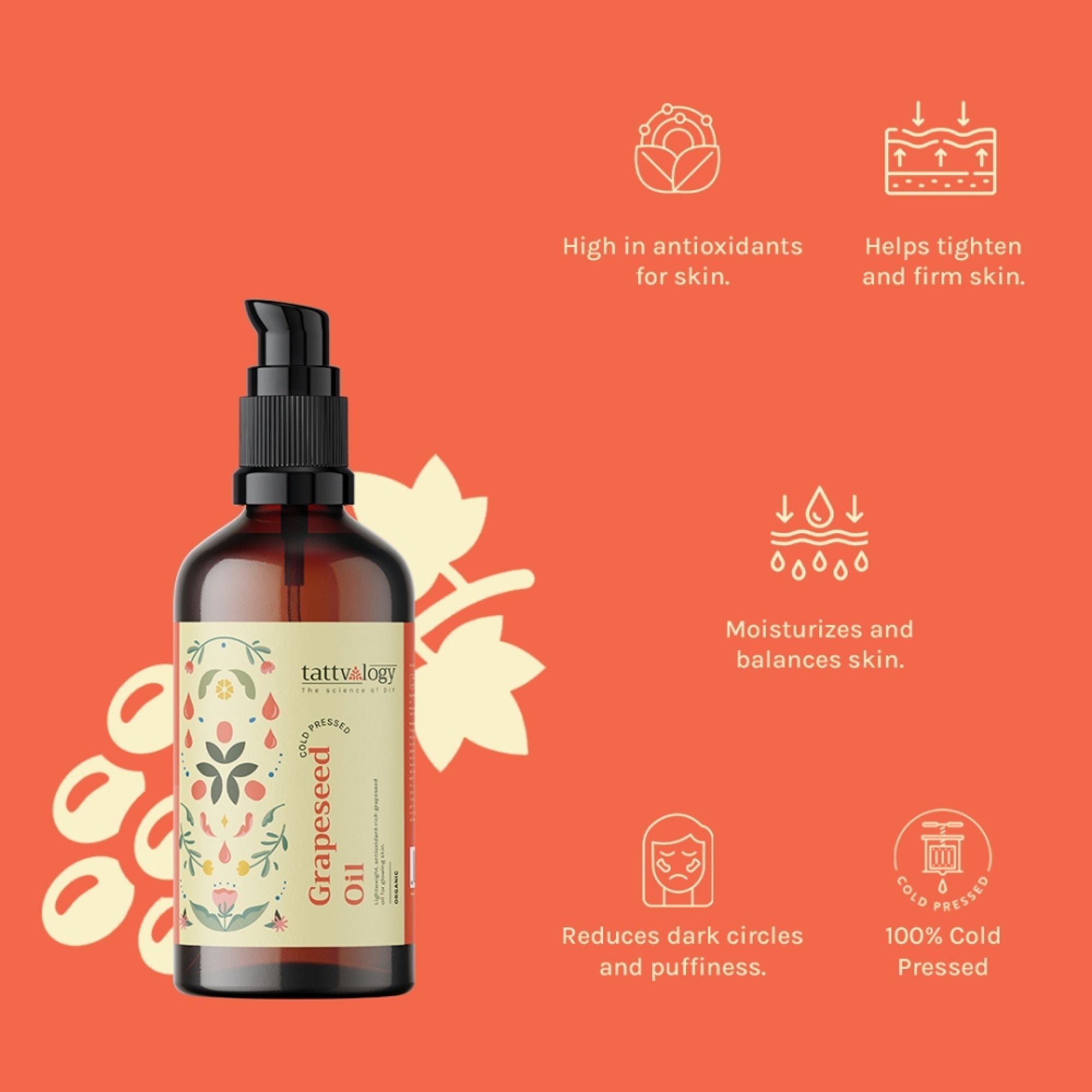 Tattvalogy Organic Grapeseed Oil - Cold Press, Reduces Fine Lines, Boosts Collagen, Evens Skin Tone - Distacart
