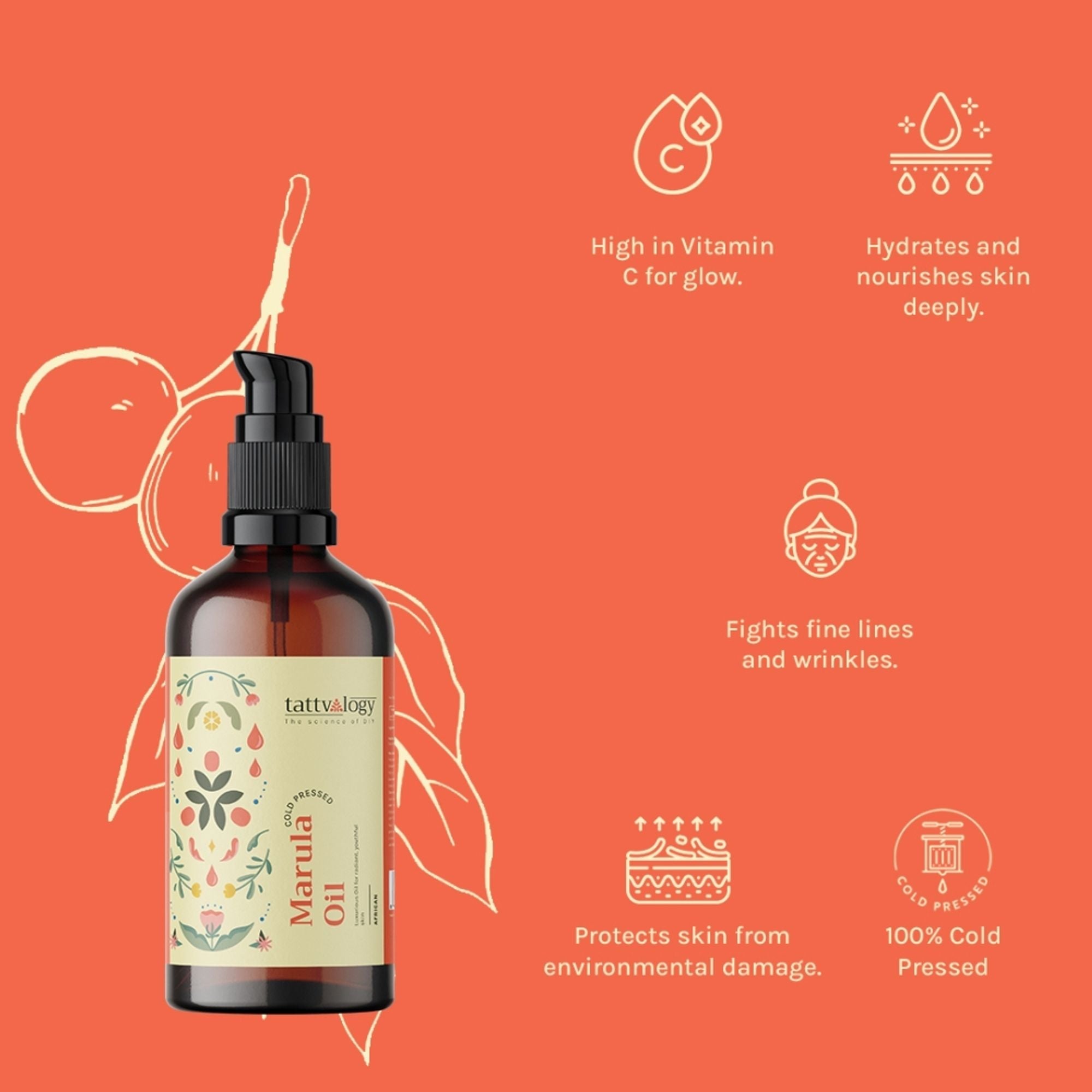 Tattvalogy African Marula Oil - Pure, Hydrates, Reduces Wrinkles & Boosts Radiance for Glowing Skin - Distacart