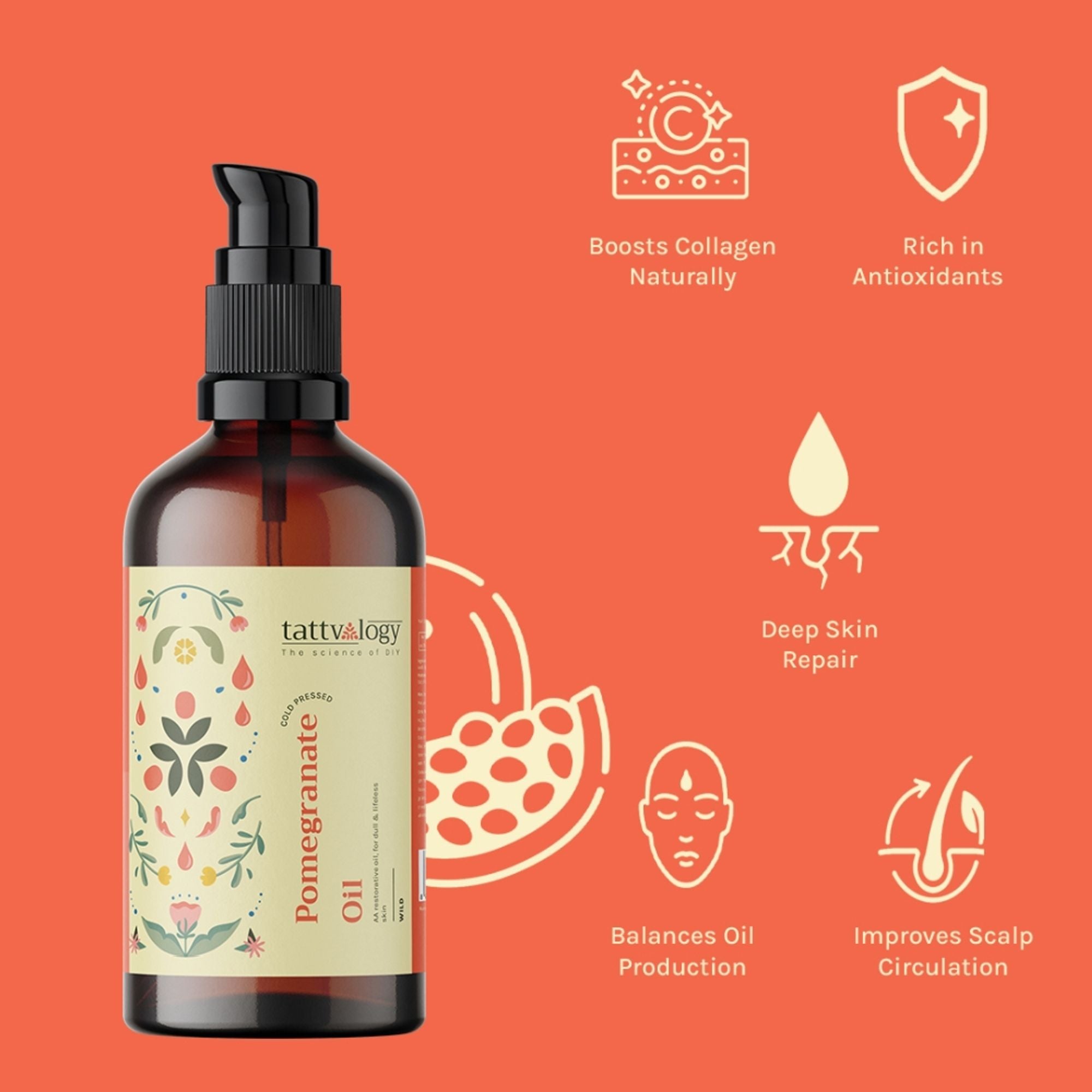 Tattvalogy Cold Pressed Pomegranate Oil - Fights Dark Spots, Hydrates & Boosts Collagen for Youth