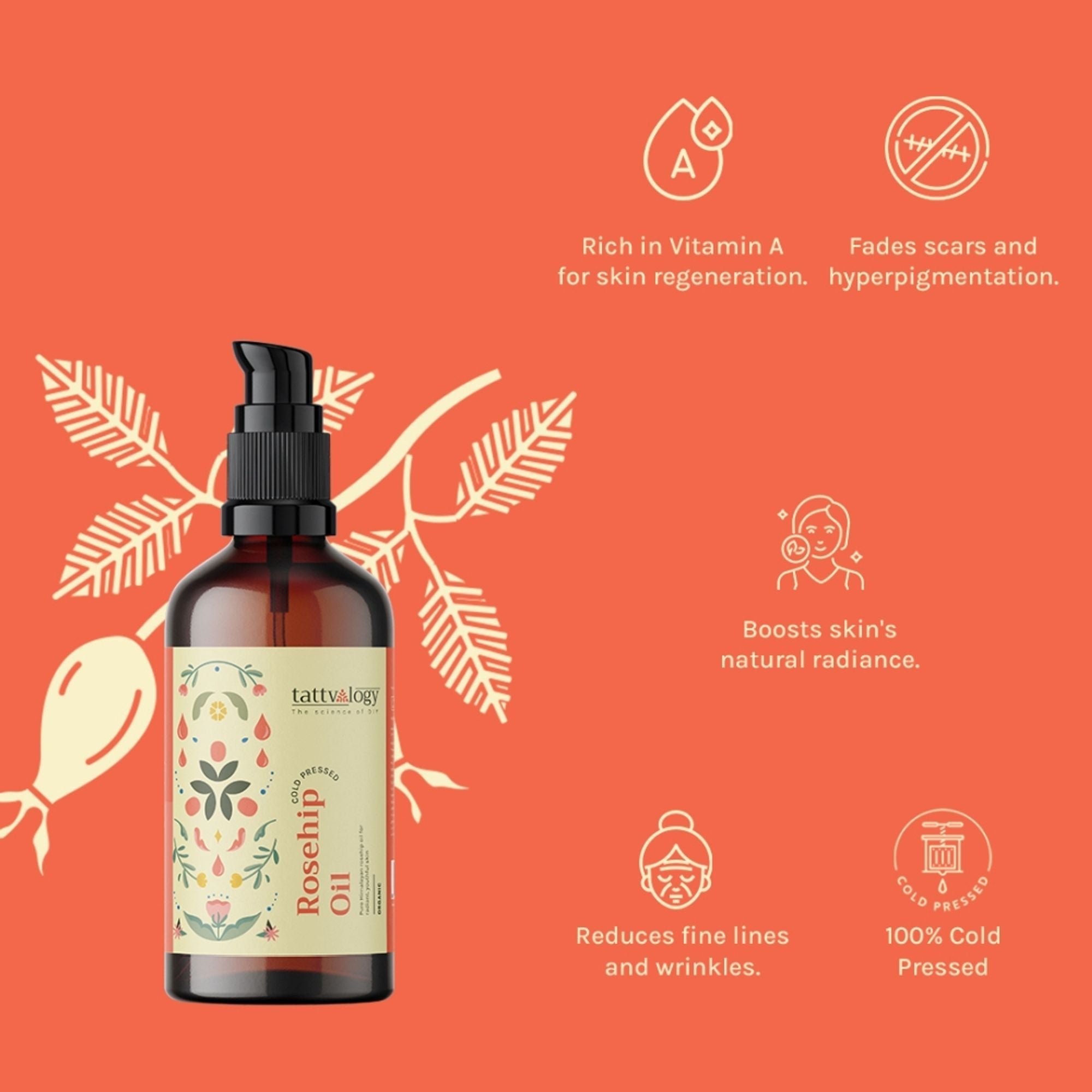 Tattvalogy Raw Rosehip Oil - Vitamin-C Rich, Boosts Collagen, Reduces Hyperpigmentation for Glow - Distacart