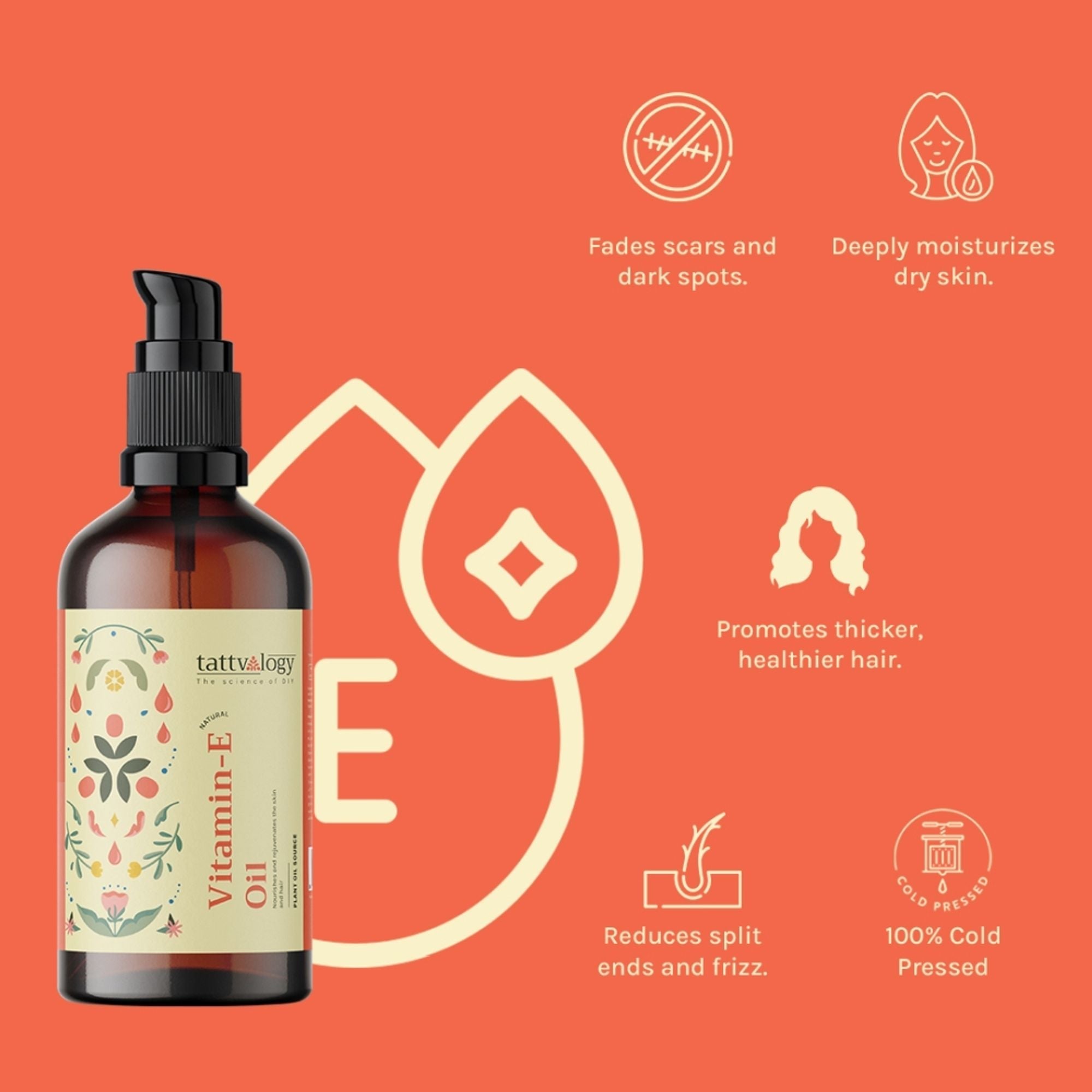 Tattvalogy Pure Vitamin-E Oil -Natural Source, Evens Skin Tone, Reduces Pigmentation & Nourish Hair - Distacart