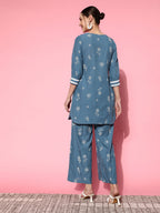 Sangria Women Blue Ethnic Motifs Printed Empire Pure Cotton Kurta with Palazzos