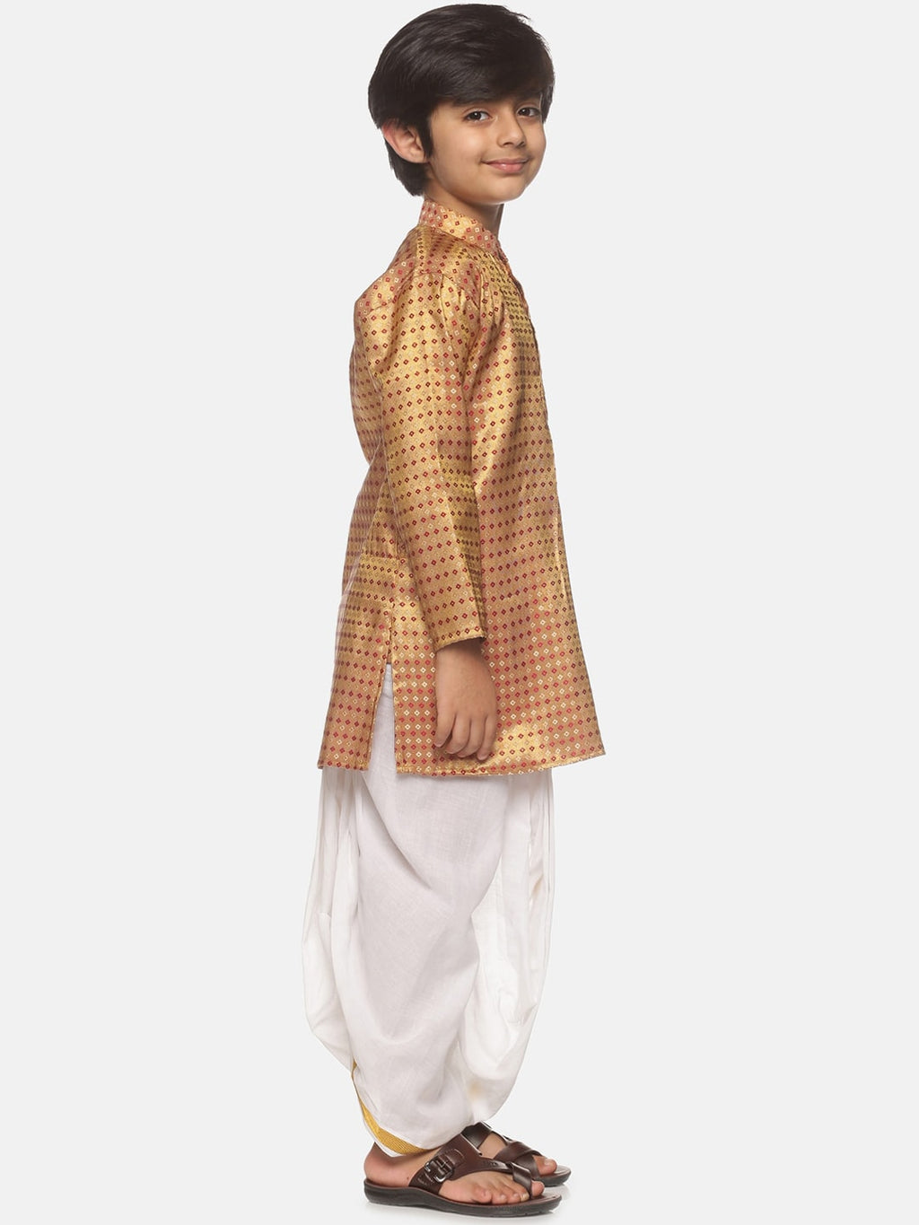 Sethukrishna Boys Golden & White Ethnic Motifs Printed Kurta with Dhoti Pants