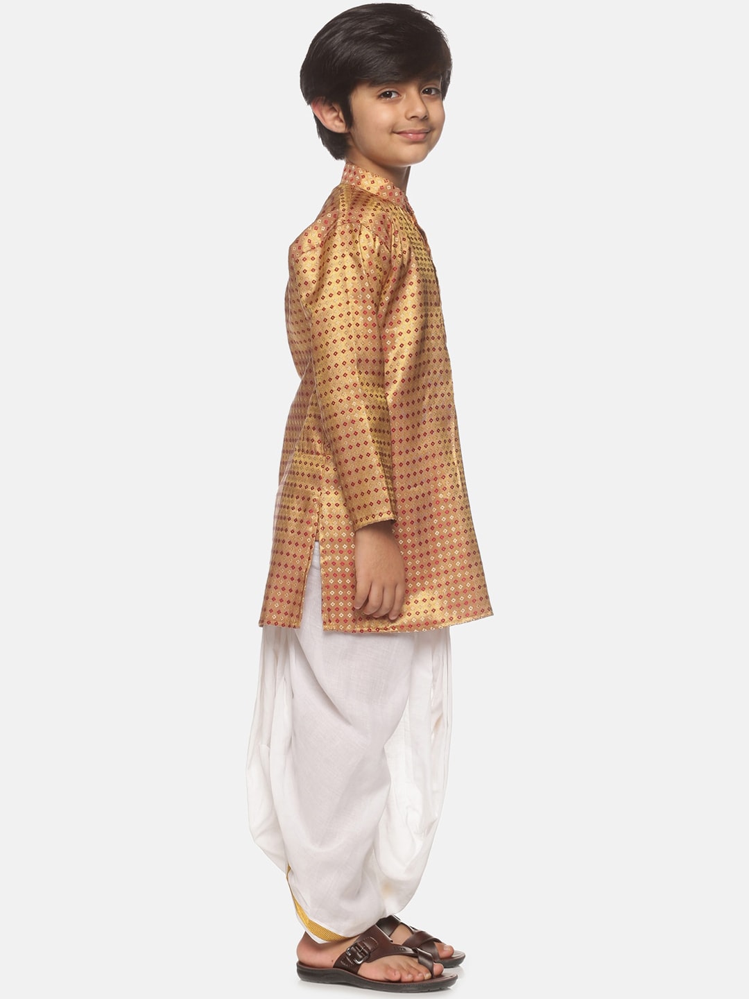 Sethukrishna Boys Golden & White Ethnic Motifs Printed Kurta with Dhoti Pants