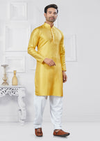 Joban Fashion Men's Jacquard Silk Yellow Printed Kurta Pyjama set