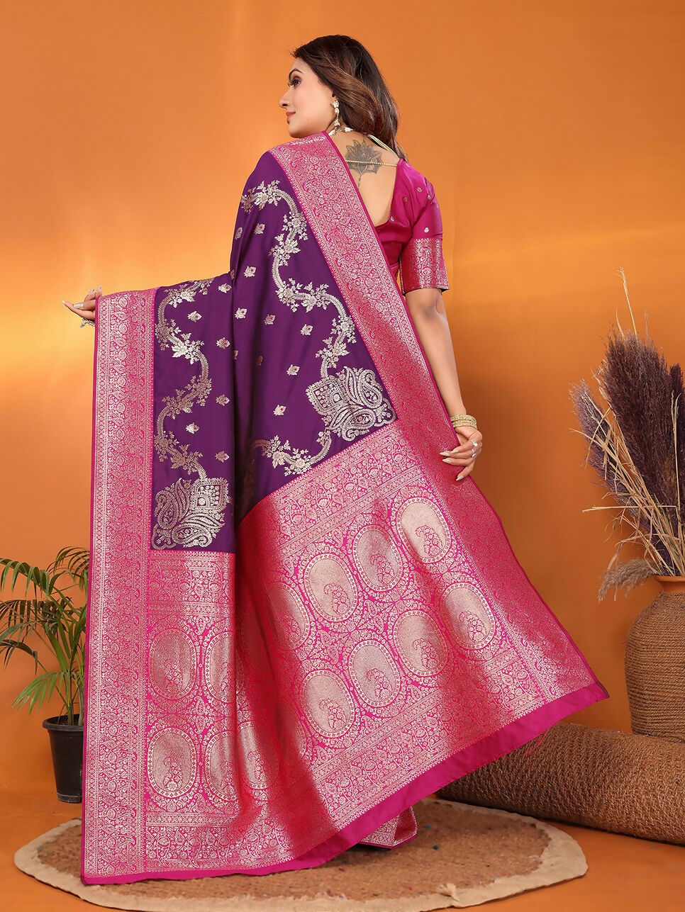 Joban Fashion Banarasi Plum Woven Soft Silk Saree - Distacart