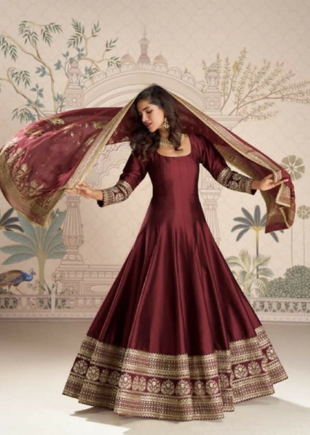 Anaita Maroon Vichitra Silk Anarkali Suit with Embroidery Sequins