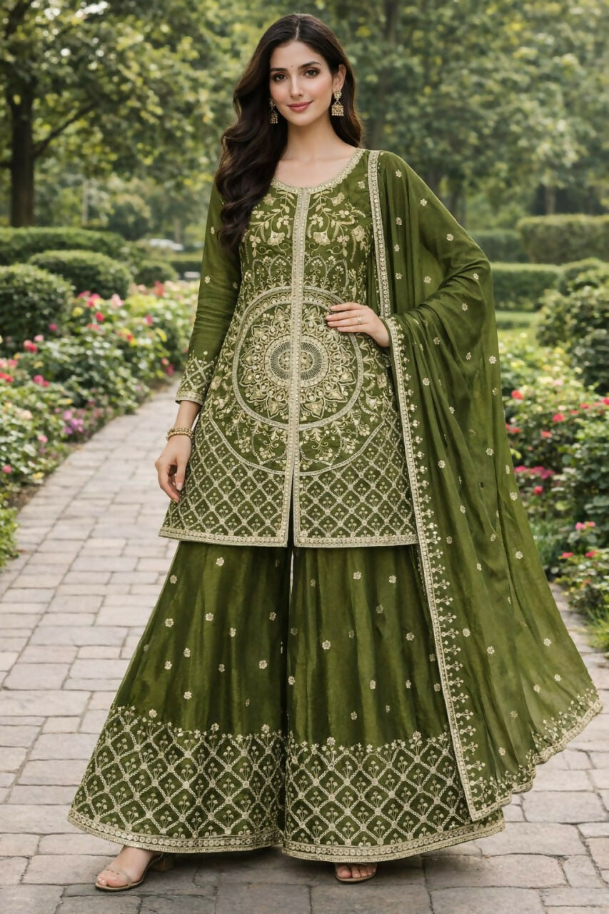 Teeya Creation Green Color Chinon Silk Wedding Wear Trending Palazzo Set - Distacart