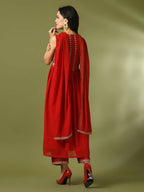 Myshka Women's Red Embroidered Georgette Anarkali Party Kurta Set With Dupatta
