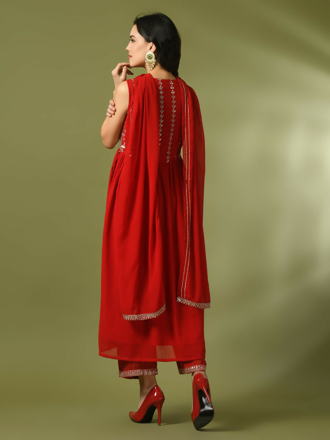 Myshka Women's Red Embroidered Georgette Anarkali Party Kurta Set With Dupatta