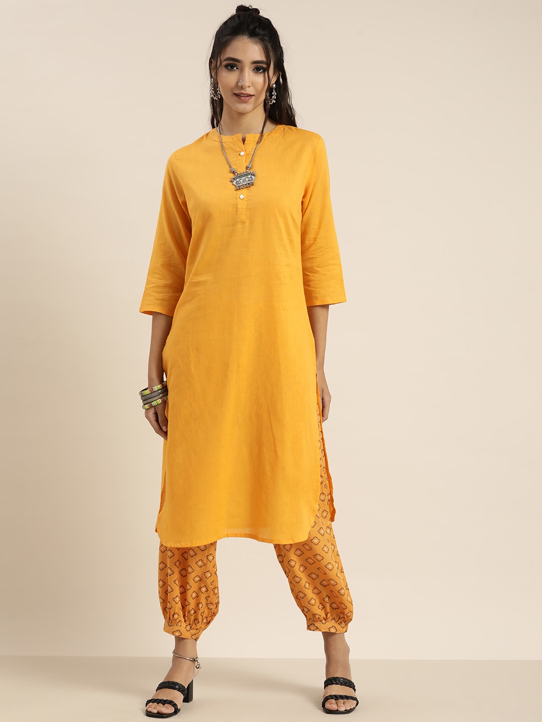 Sangria Women Yellow & Black Pure Cotton Kurta with Salwar