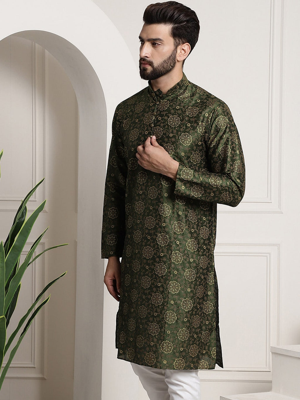 Sojanya Men Green & Brown Ethnic Motifs Printed Kurta