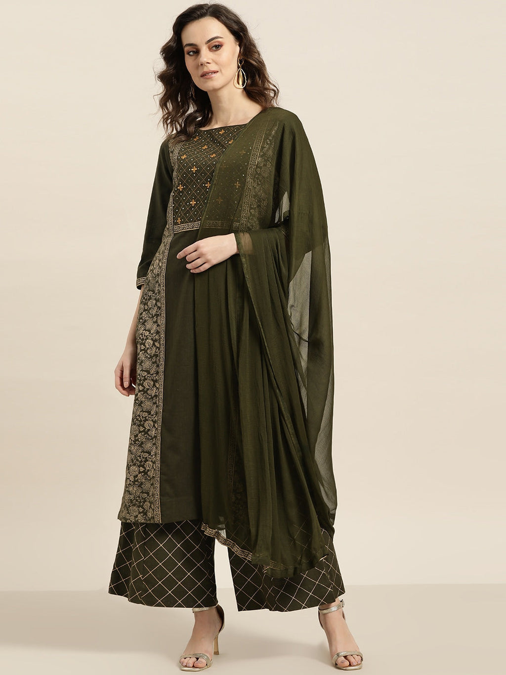 Sangria Women Olive Green & Golden Printed Kurta with Palazzos & Dupatta