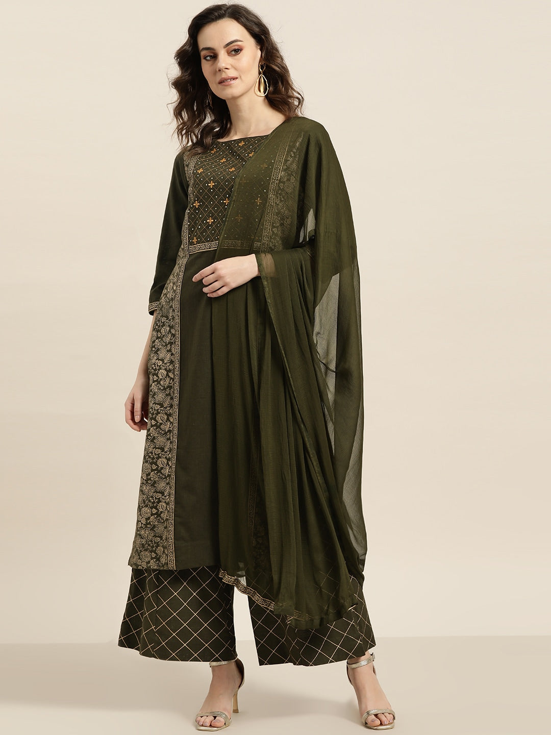 Sangria Women Olive Green & Golden Printed Kurta with Palazzos & Dupatta