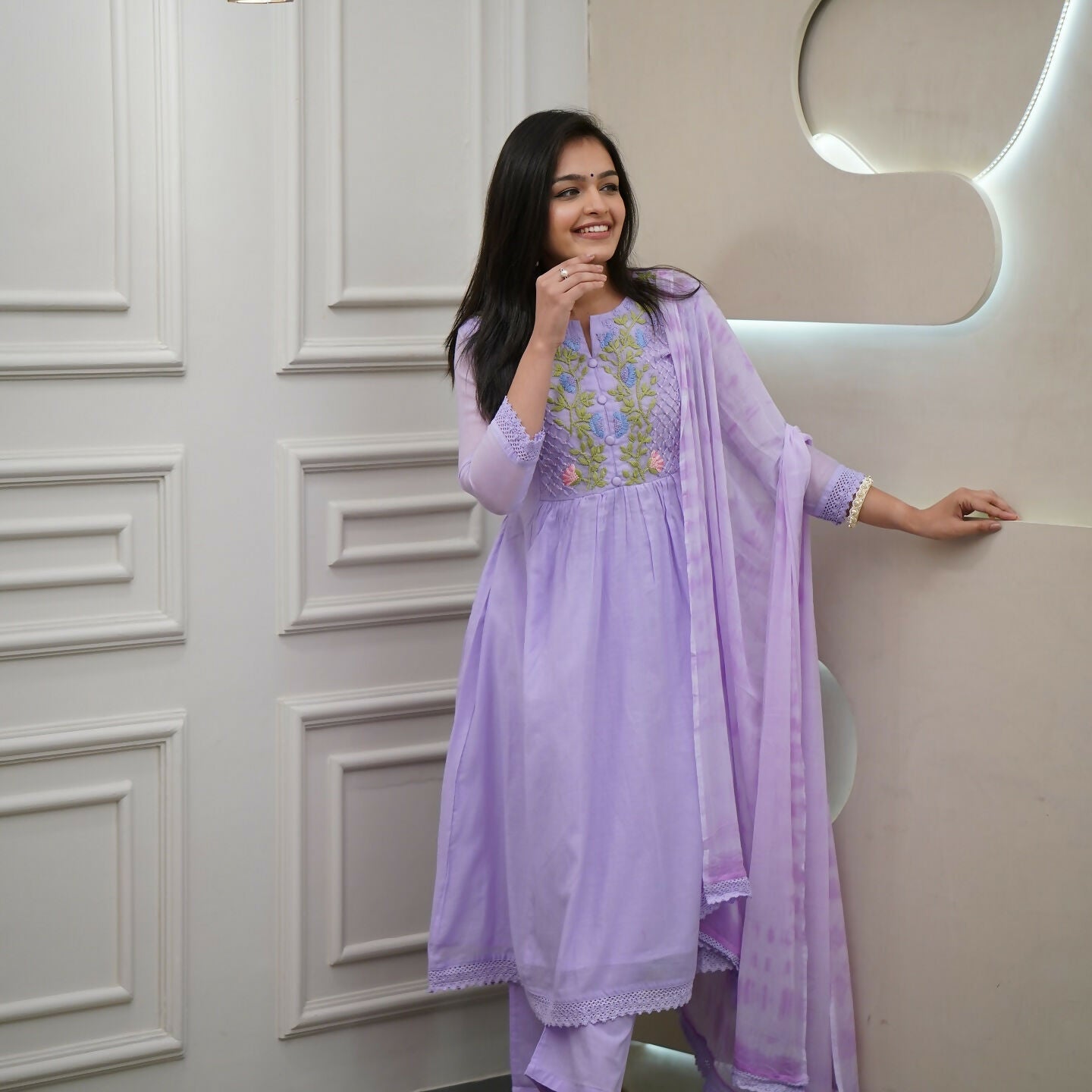 The52 Women's Beautiful Georgette Fabric Thread Work Flared Kurta Pant and Dupatta Set - Distacart