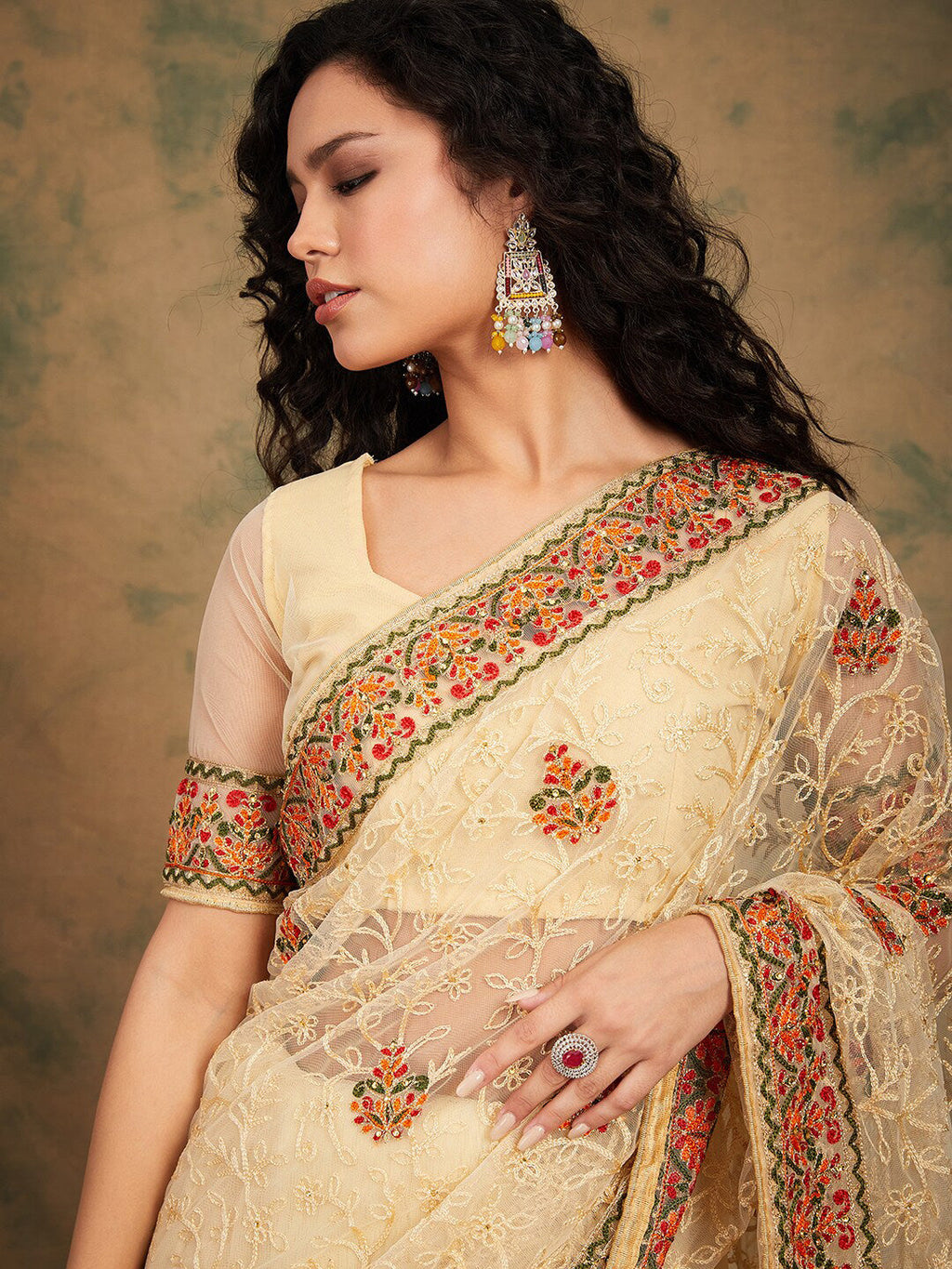 Sangria Yellow Beige Embroidered Net Sarees - Distacart