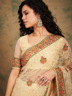 Sangria Yellow Beige Embroidered Net Sarees - Distacart
