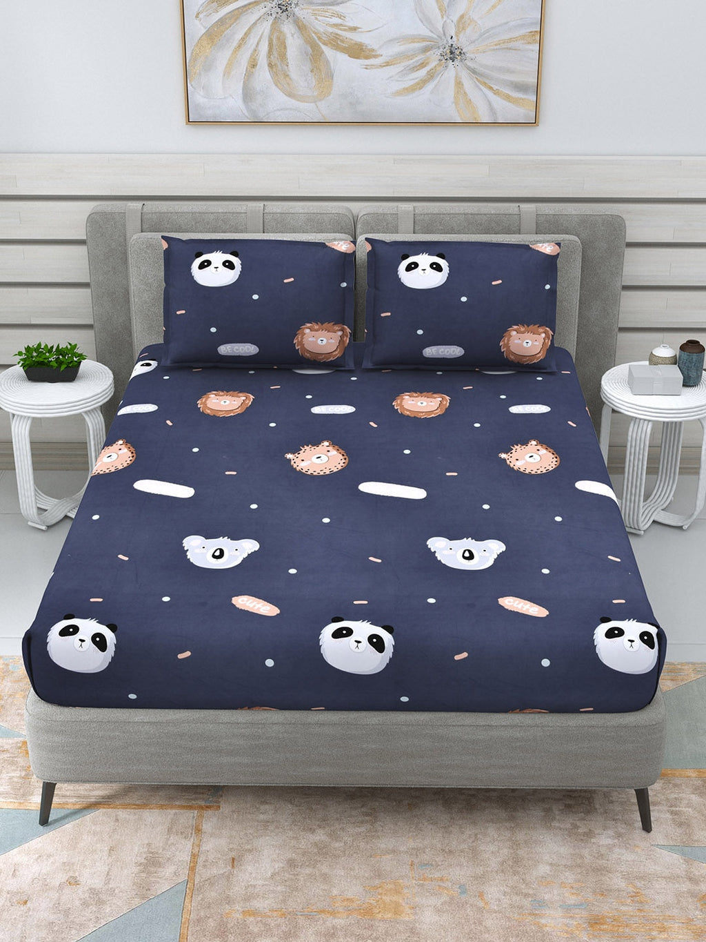 DREAM WEAVERZ Navy Blue & White Conversational Glazed Cotton 220 TC King Bedsheet with 2 Pillow Covers