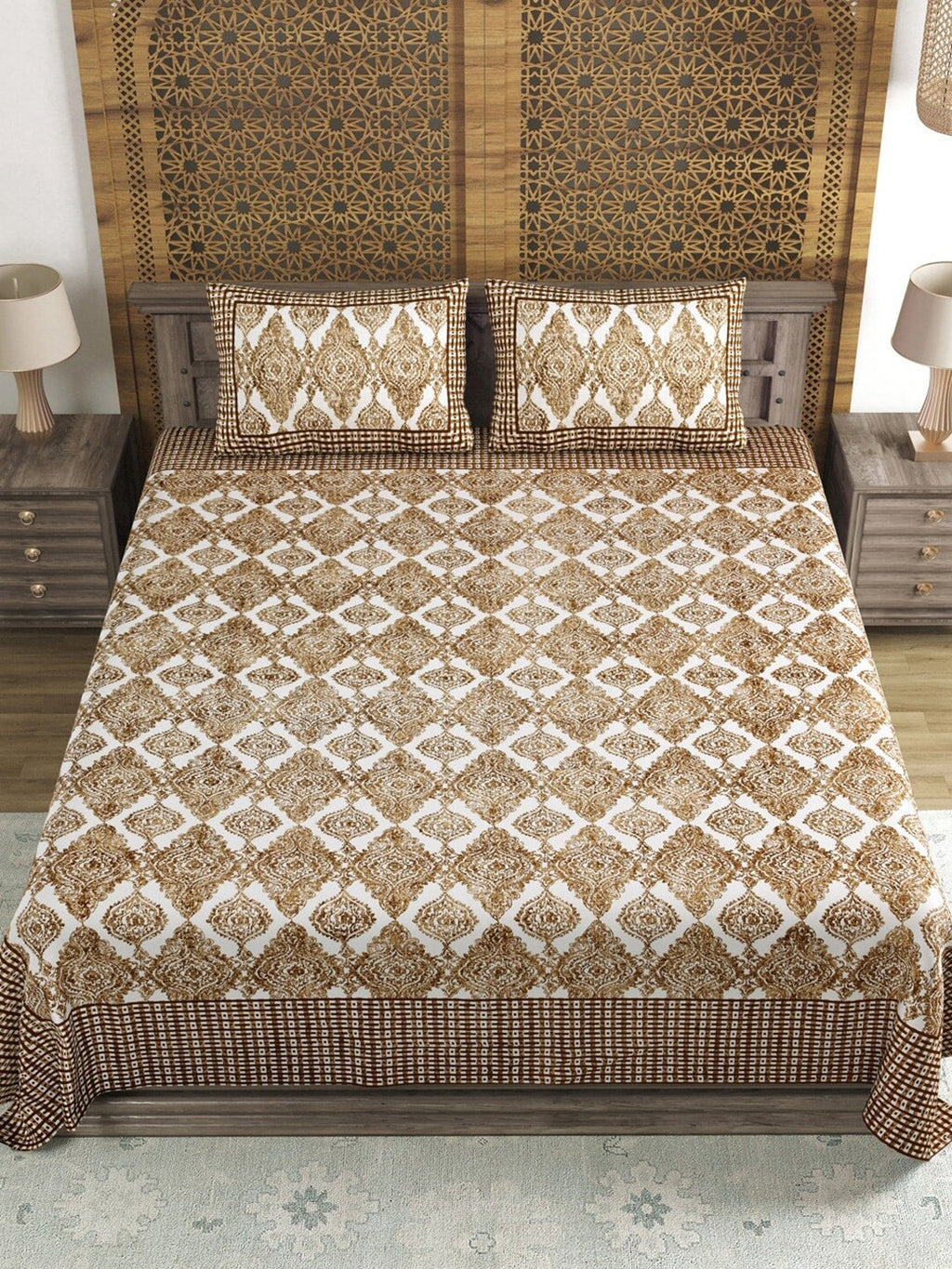 Sangria Brown & White Printed Cotton 210TC Double King Bedsheet With 2 Pillow Covers
