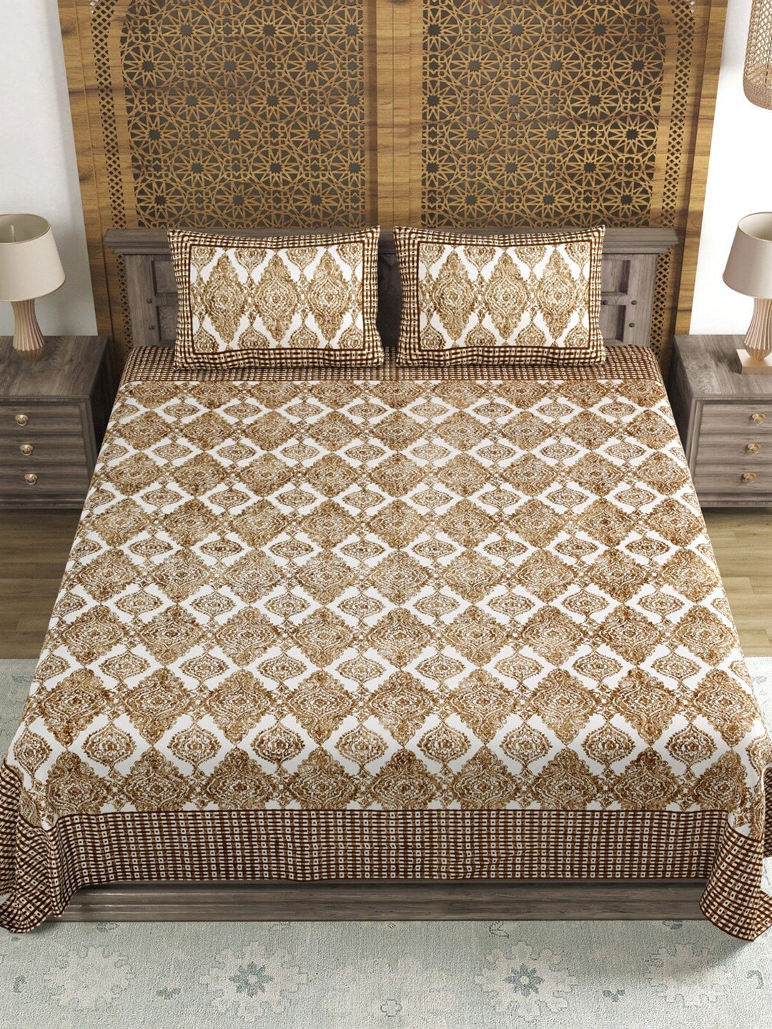 Sangria Brown & White Printed Cotton 210TC Double King Bedsheet With 2 Pillow Covers