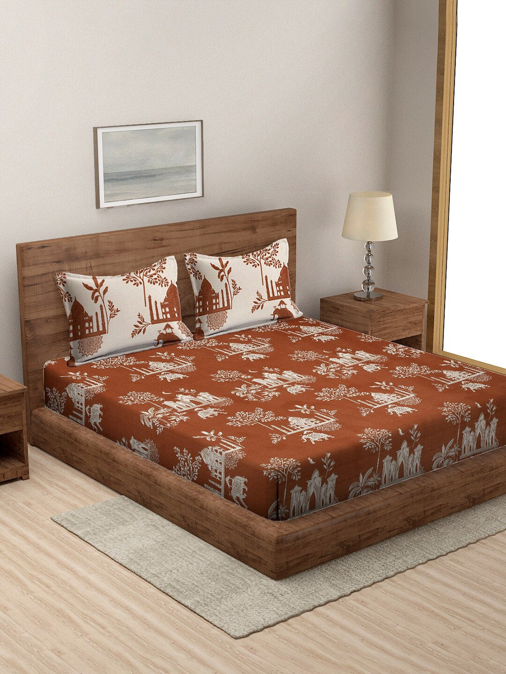 Rajasthan Decor Rust & Cream Printed Cotton 160 TC King Bedsheet with 2 Pillow Covers
