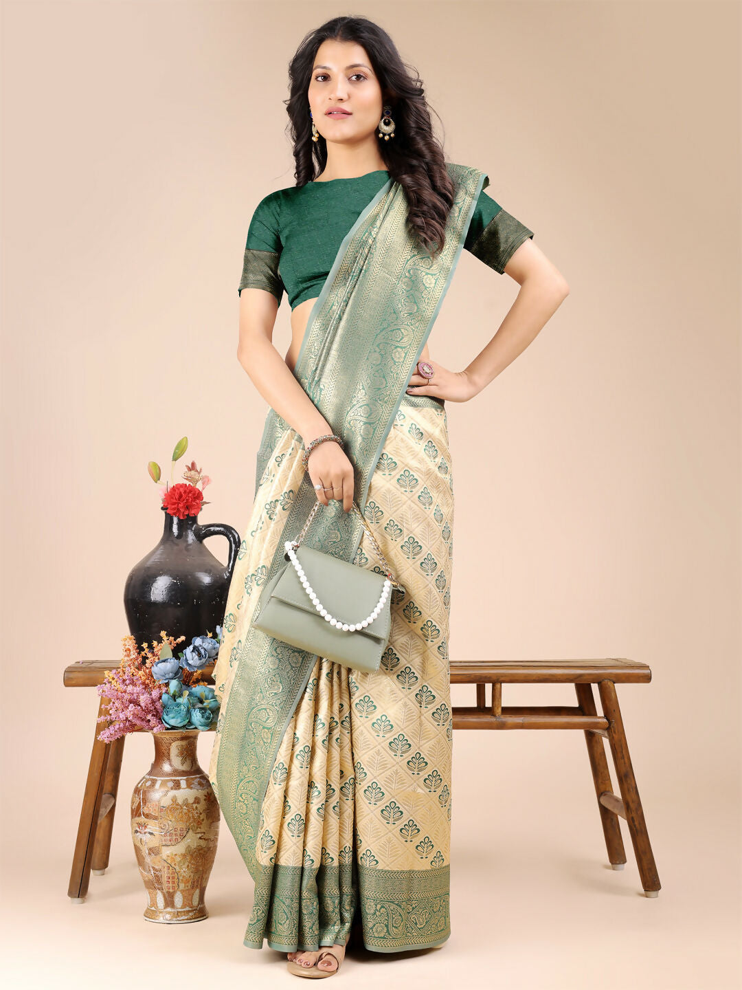 Shree Shyam Fashion Aura Silk Cream Green Banarasi Silk Saree