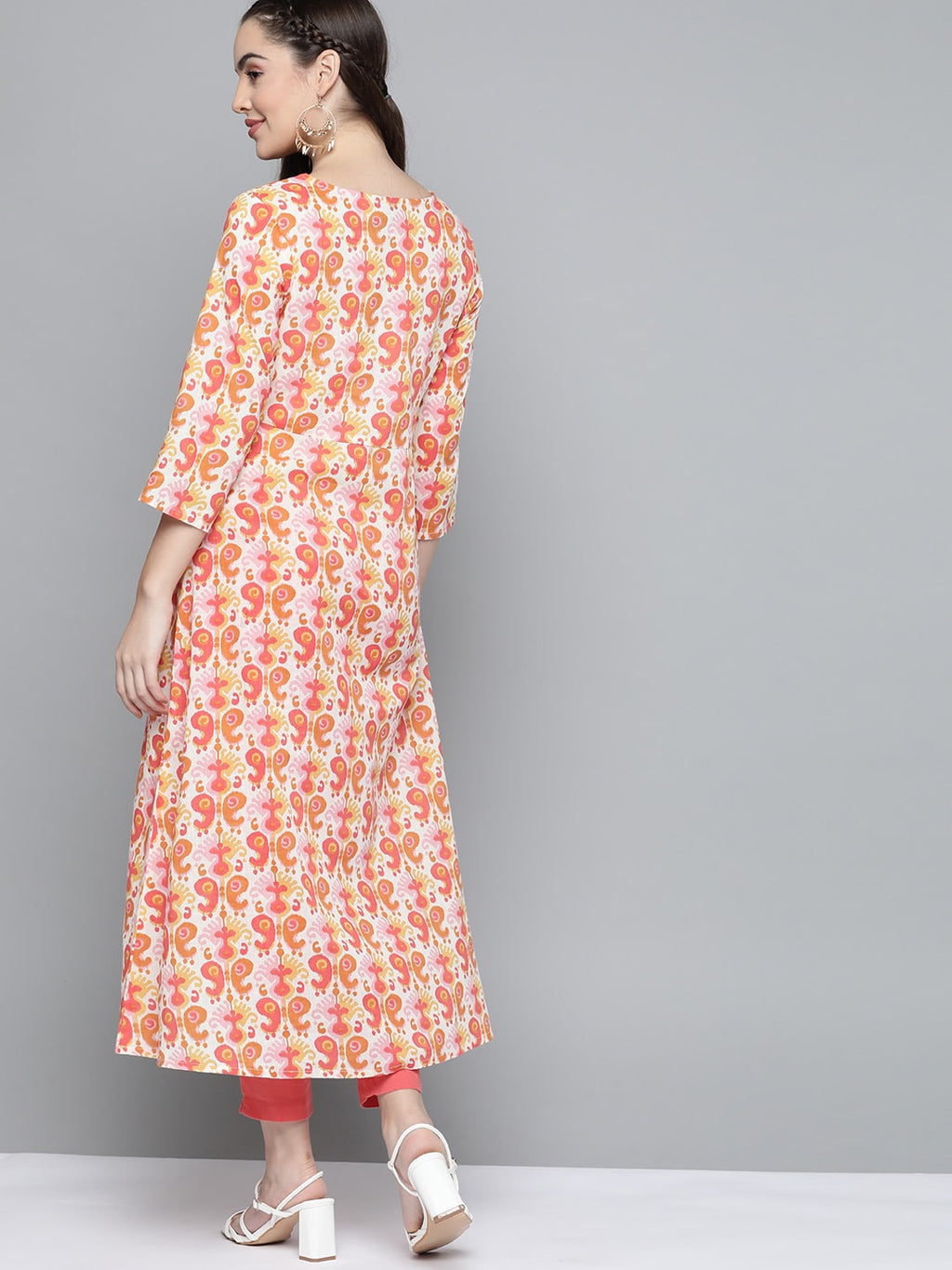 HERE&NOW Women Orange & White Ethnic Motifs Printed Kurta