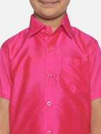 Sethukrishna Boys Pink & Cream-Coloured Solid Shirt and Veshti Set