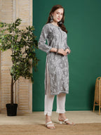 ADA Women Grey & White Chikankari Embroidered Straight Kurta