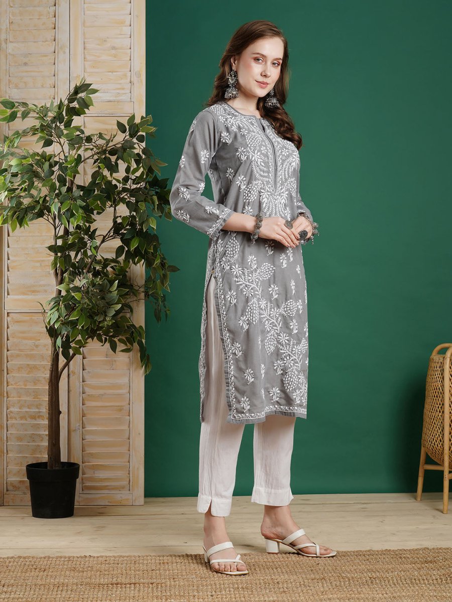 ADA Women Grey & White Chikankari Embroidered Straight Kurta