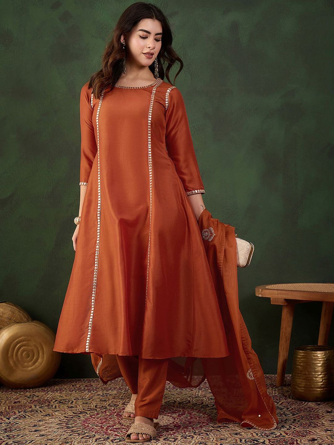 Sangria Gotta Work Embroidered A-Line Kurta & Trouser With Dupatta - Distacart