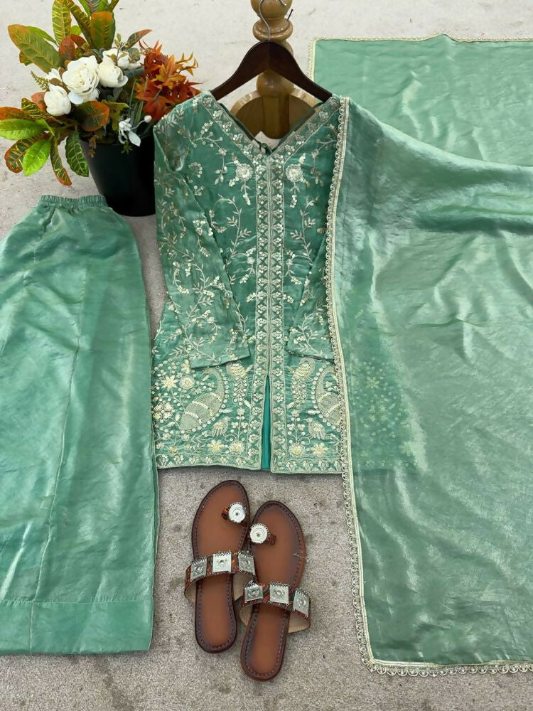 Teeya Creation Light Green Color Fendy Silk Embroidery Work Wedding Wear Salwar Suit - Distacart