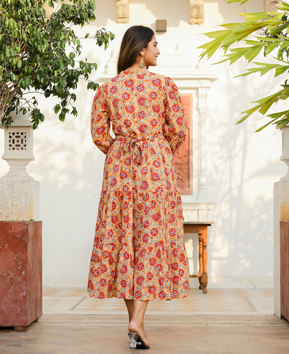 Kaajh Women's Yellow-Red Floral Hand Block Print Cotton Dress - Distacart