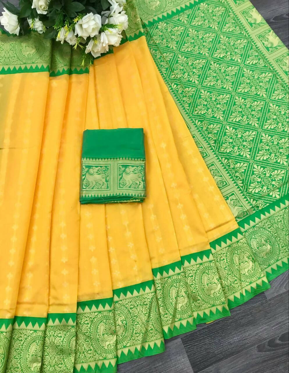 DEIANA'S Beautiful Designer Golden zari Soft Lichi Silk Saree - Yellow