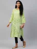 ADA Women Green & White Ethnic Motifs Chikankari Hand Embroidered Sustainable Kurta