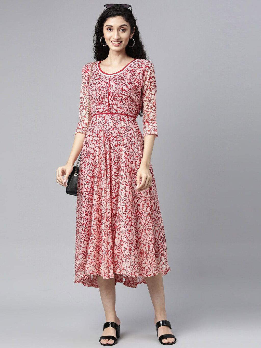 Souchii White & Red Floral Layered Chiffon Beautiful Midi Dress - Distacart