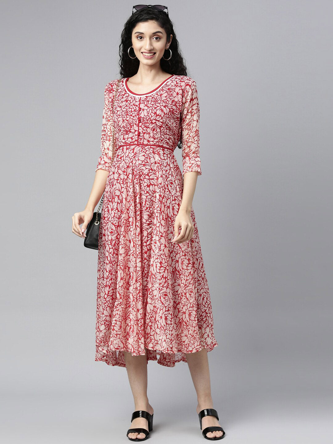 Souchii White & Red Floral Layered Chiffon Beautiful Midi Dress - Distacart