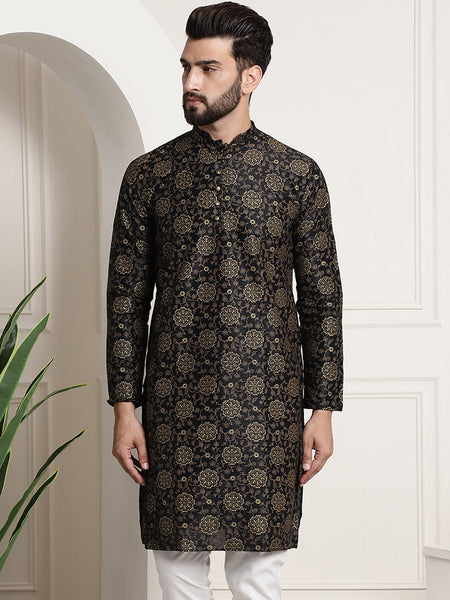 Sojanya Men Black & Brown Ethnic Motifs Printed Kurta