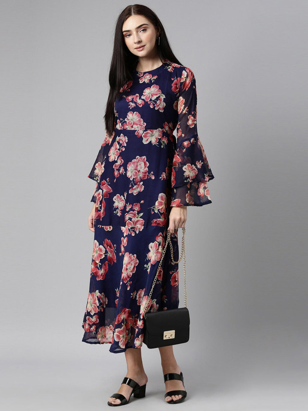 Souchii Floral Printed Round Neck Midi Dress - Distacart