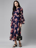 Souchii Floral Printed Round Neck Midi Dress - Distacart