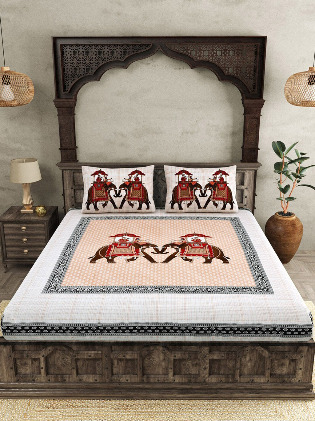 JAIPUR FABRIC Peach Ethnic Motifs Cotton 250 TC Super King Bedsheet With 2 Pillow Covers - Distacart