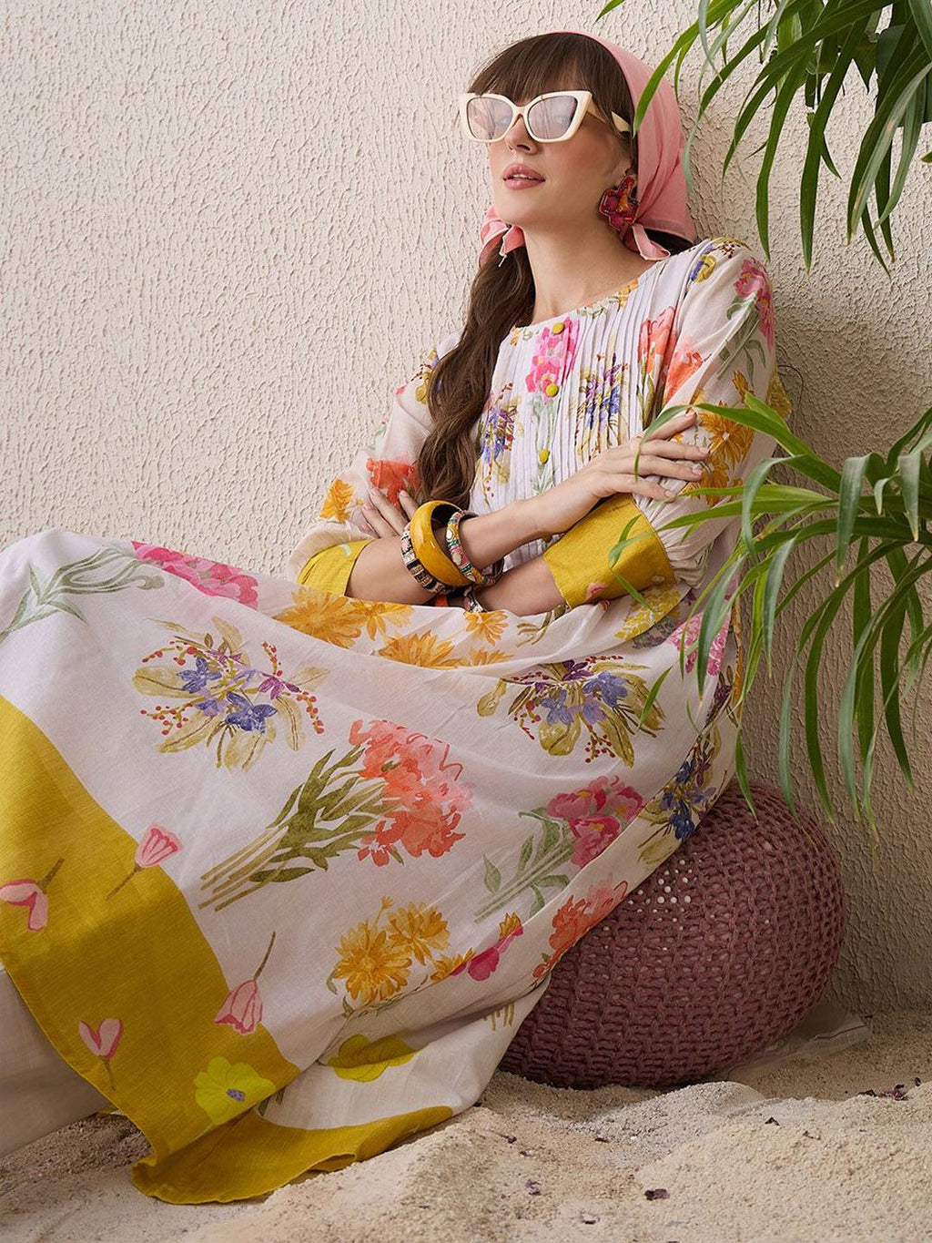 Indo Era Floral Printed Round Neck Pure Cotton Straight Kurta With Trouser - Distacart